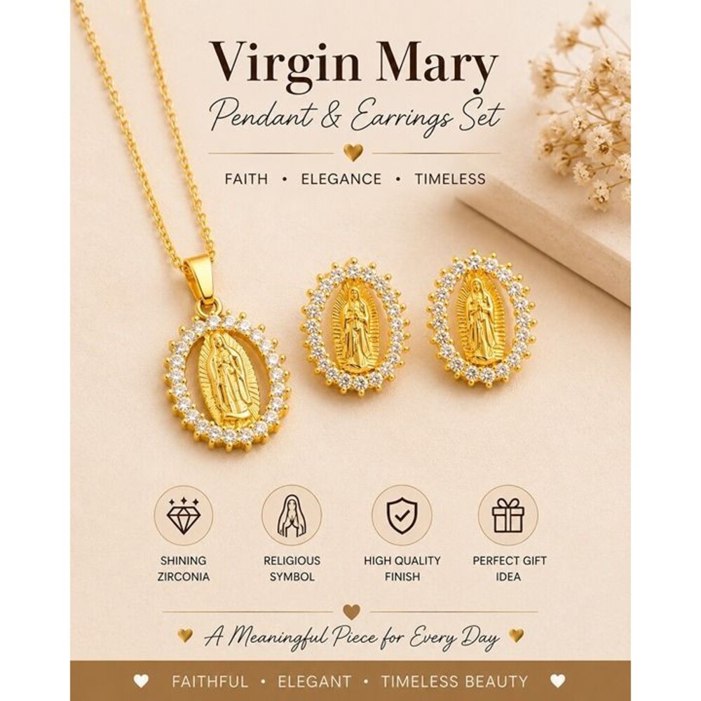 Virgin Mary Gold Plated Necklace Earrings Set CZ Catholic Jewelry
